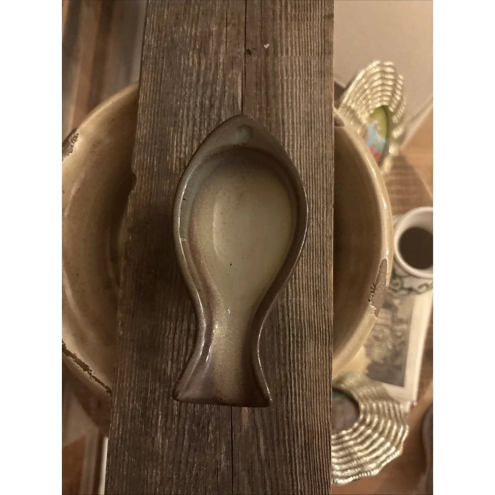 Vtg 1977 PETER POTS POTTERY Original Fish Ashtray SPOON REST Trinket Dish BROWN